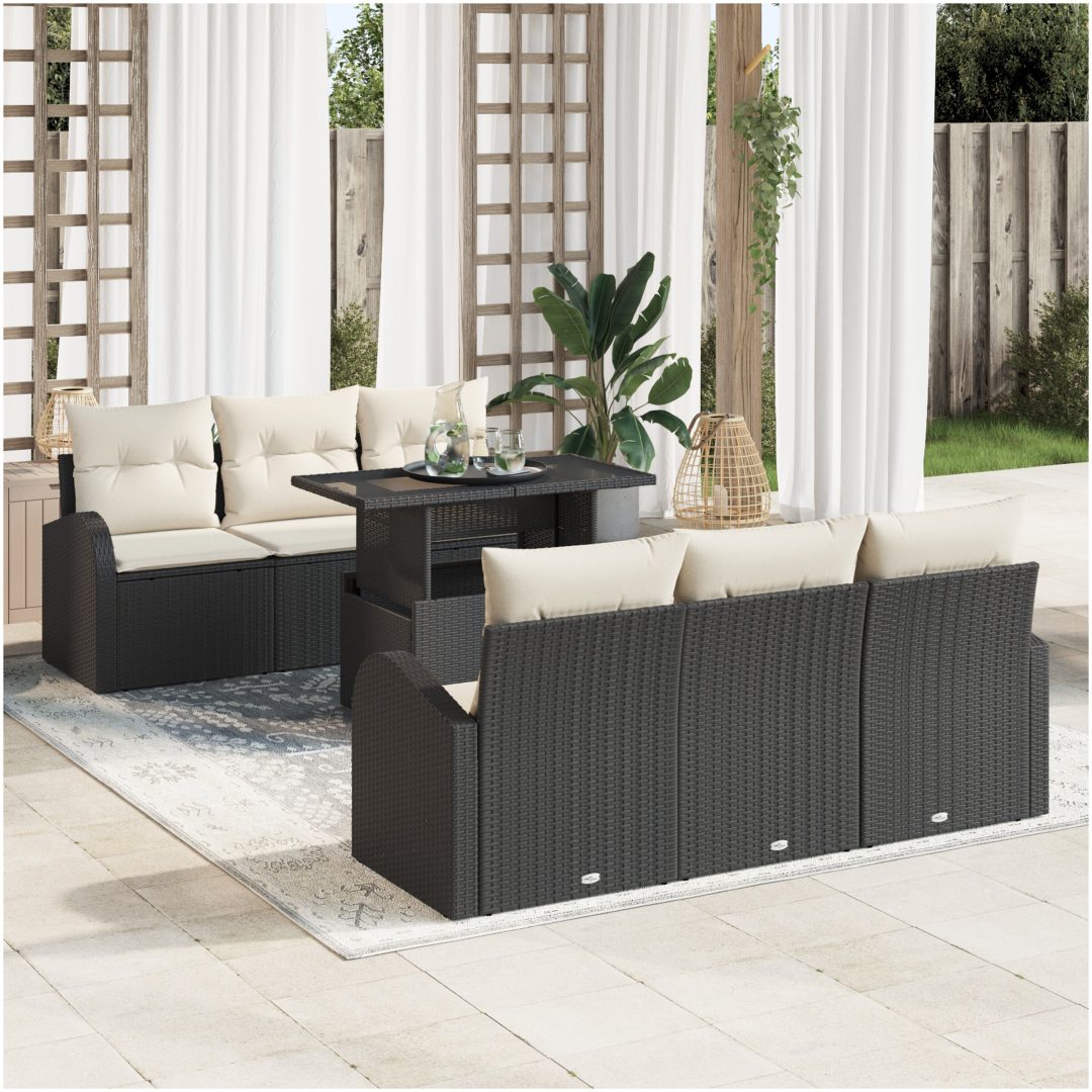 7 Delar Trädgårdsoff Set Med Kuddar Svart Poly Rattan vidaXL Medium