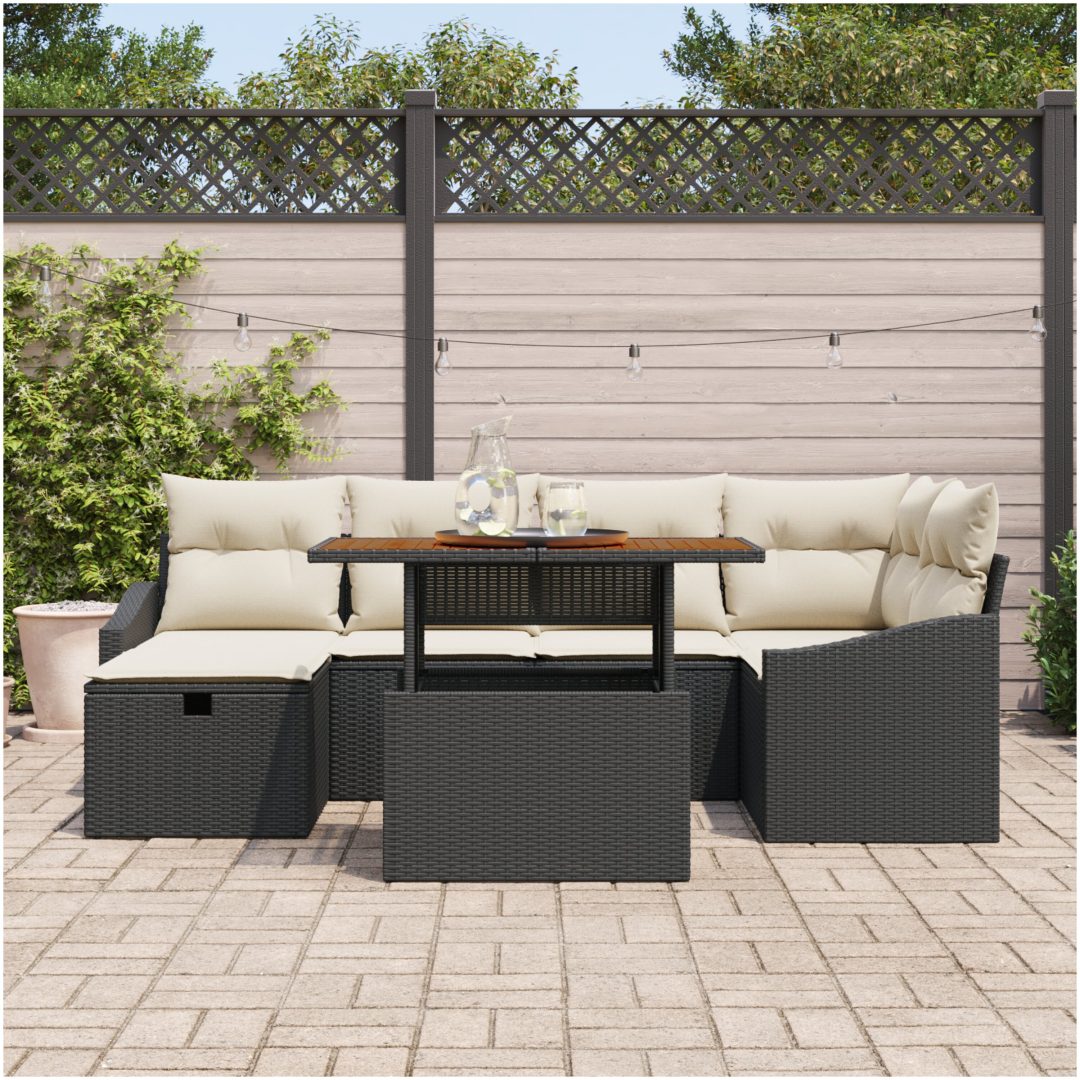 7 delar Trädgårdsoff set med kuddar svart poly-rotning vidaXL 55 x 55 x 37 cm – bild 3