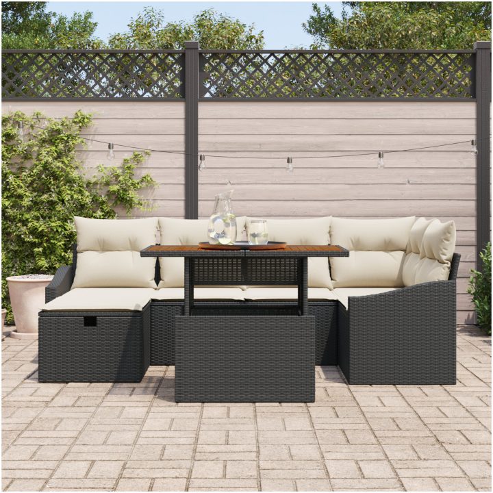 7 delar Trädgårdsoff set med kuddar svart poly-rotning vidaXL 55 x 55 x 37 cm – bild 3