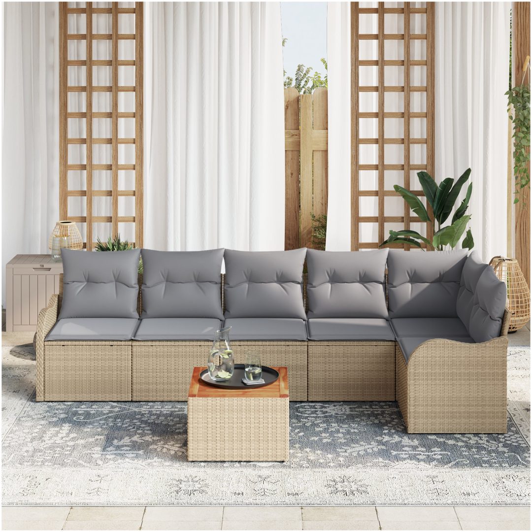 7 Delar Trädgårdsoffagrupp med Kuddar Beige Poly Rattan Akacia vidaXL Stor – bild 3