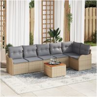 7 Delar Trädgårdsoffagrupp med Kuddar Beige Poly Rattan Akacia vidaXL