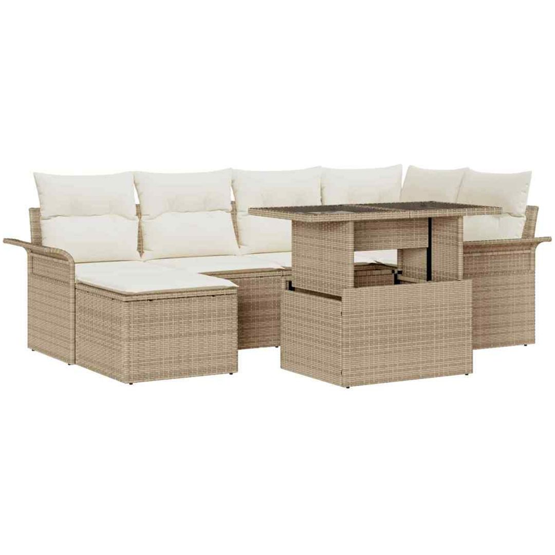7 Delar Trädgårdsoffagrupp med Kuddar Beige Poly Rattan vidaXL Medium