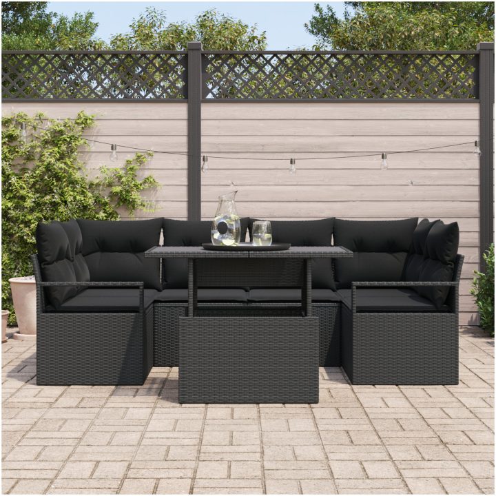 7 delar trädgårdsoffapar med kuddar svart poly konstrotting vidaXL Stor – bild 3