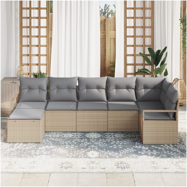 7 Delar Trädgårdsoffaset med Kuddar Beige Poly Rattan vidaXL Stort – bild 3
