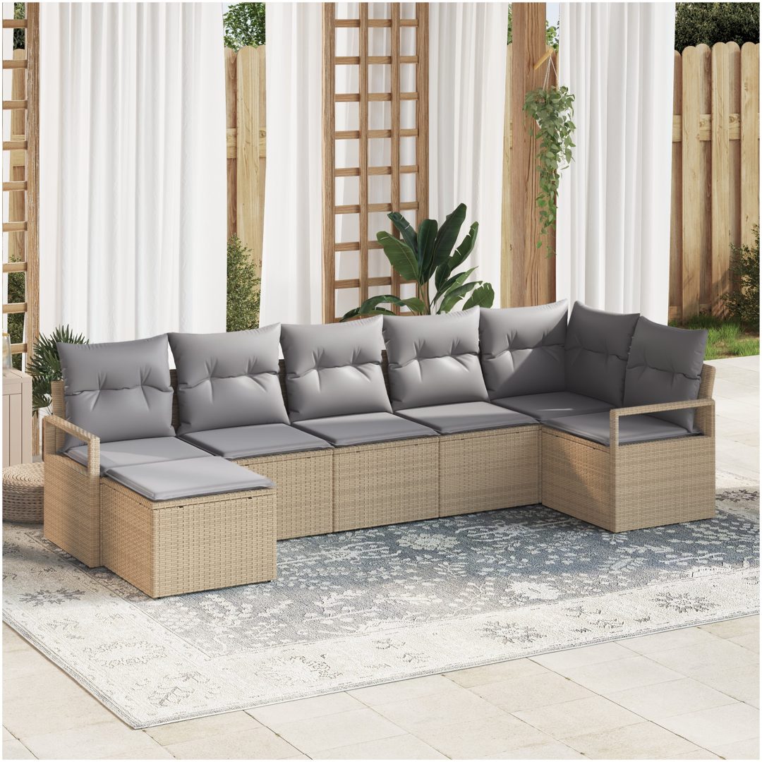 7 Delar Trädgårdsoffaset med Kuddar Beige Poly Rattan vidaXL Stort