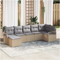 7 Delar Trädgårdsoffaset med Kuddar Beige Poly Rattan vidaXL