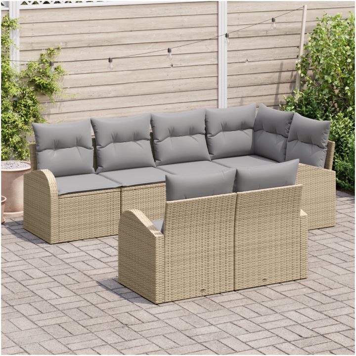 7 Delar Trädgårdsoffaset med Kuddar Beige Poly Rotting vidaXL 234 x 124 x 85 cm – bild 3