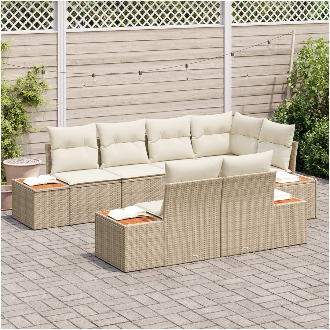 7 Delar Trädgårdsoffaset med Kuddar Beige Polyrotting Akacia vidaXL 264 x 154 x 69 cm – bild 3