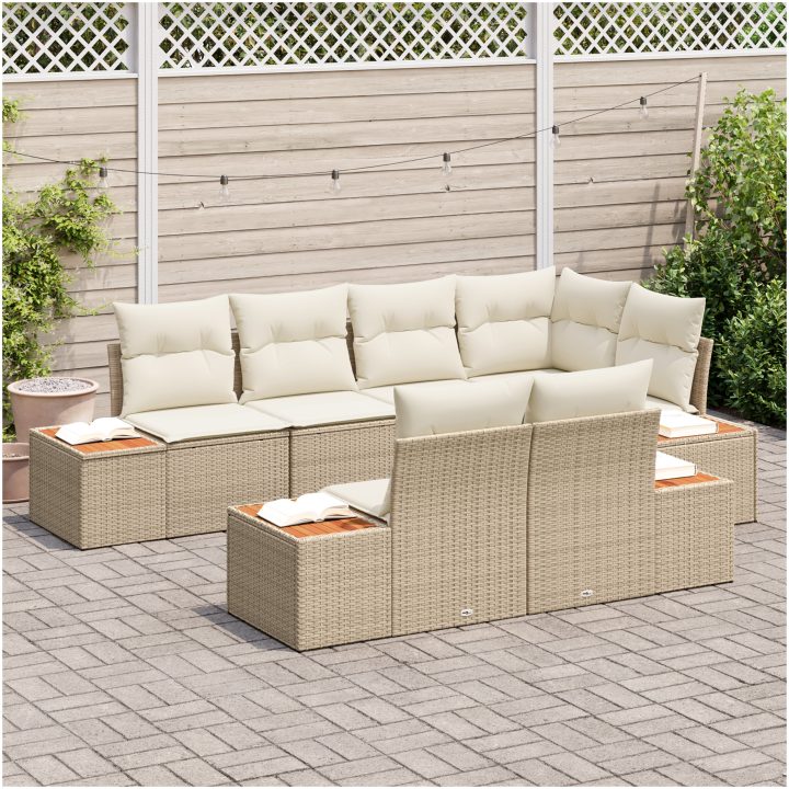 7 Delar Trädgårdsoffaset med Kuddar Beige Polyrotting Akacia vidaXL 264 x 154 x 69 cm – bild 3