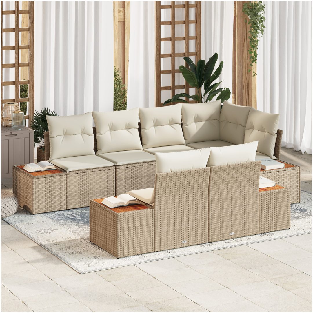 7 Delar Trädgårdsoffaset med Kuddar Beige Polyrotting Akacia vidaXL 264 x 154 x 69 cm