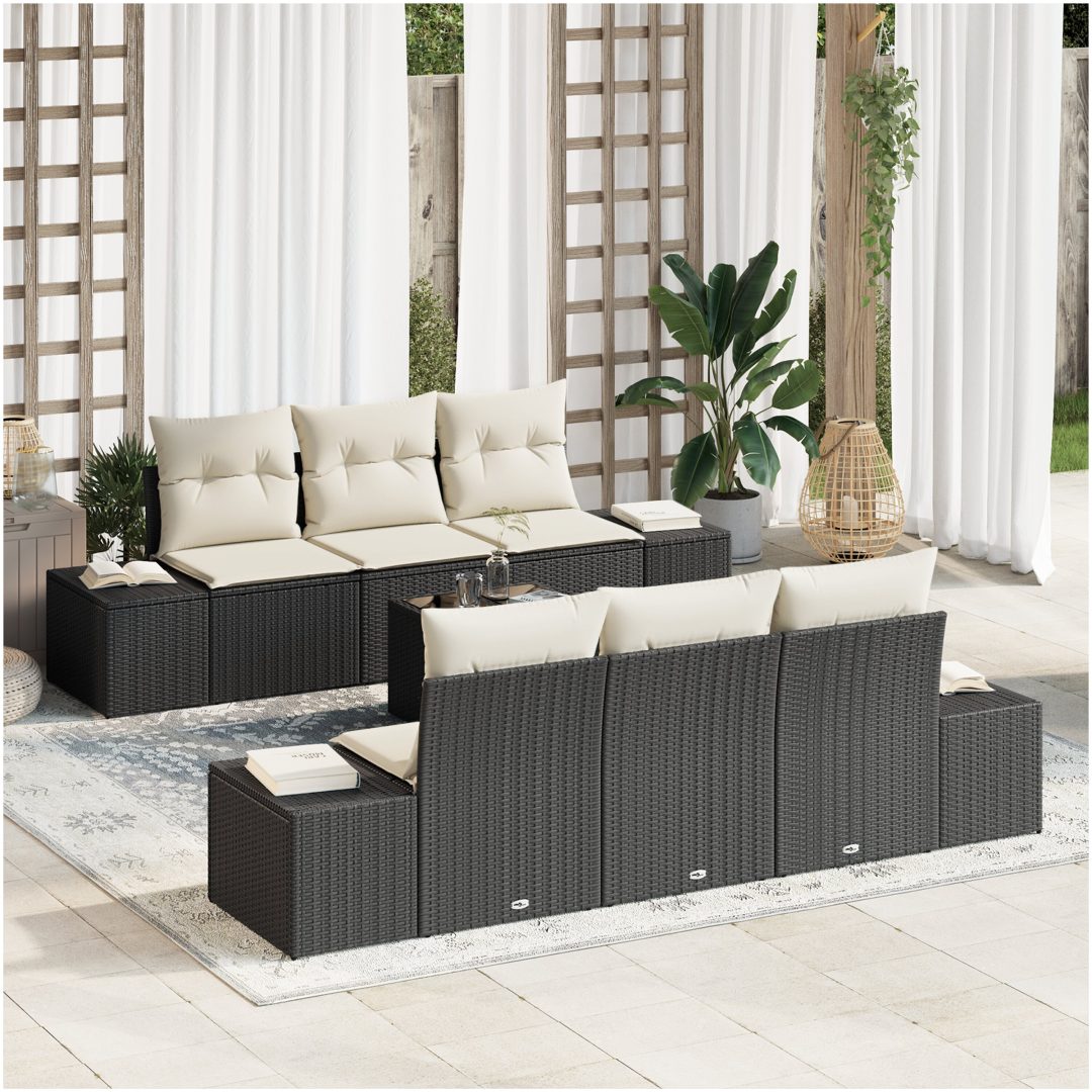 7 Delar Trädgårdsoffaset med Kuddar Svart Poly Rattan vidaXL 55 x 55 x 37 cm