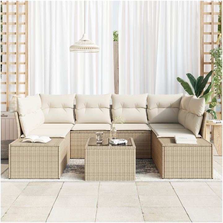 7 Delar Trädgårdsoffset med Kuddar Beige Poly Rattan vidaXL 55 x 55 x 37 cm – bild 3