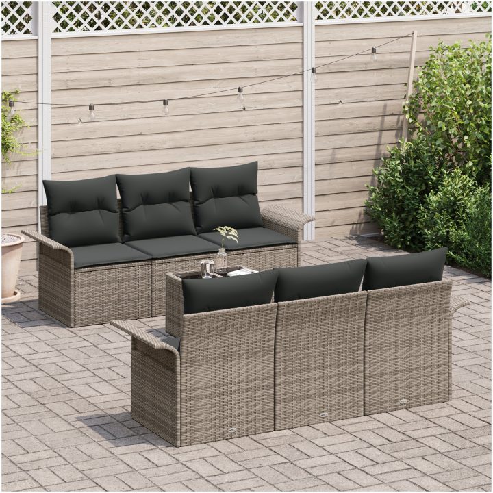 7 Delar Trädgårdsoffset med Kuddar Grå Poly Rattan vidaXL 55 x 55 x 37 cm – bild 3