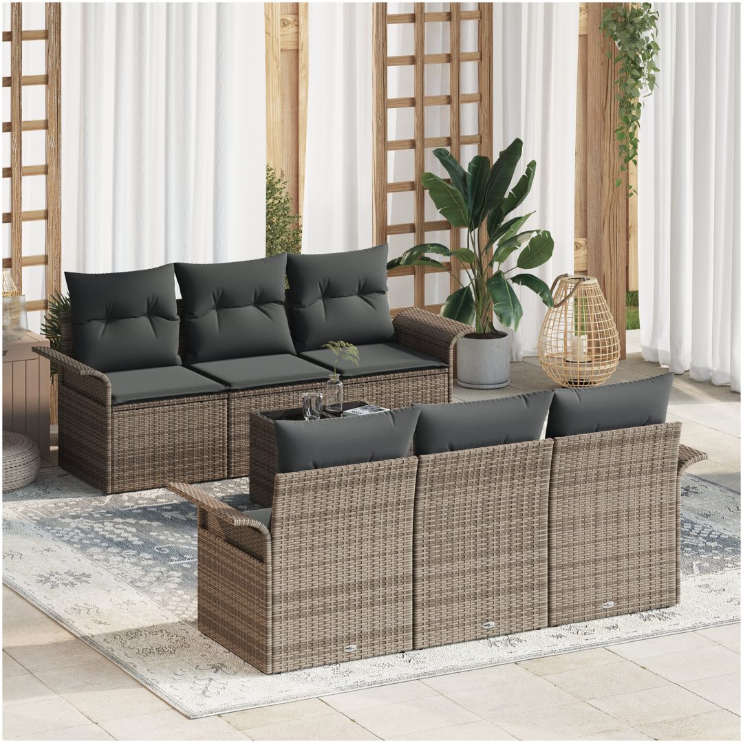 7 Delar Trädgårdsoffset med Kuddar Grå Poly Rattan vidaXL 55 x 55 x 37 cm