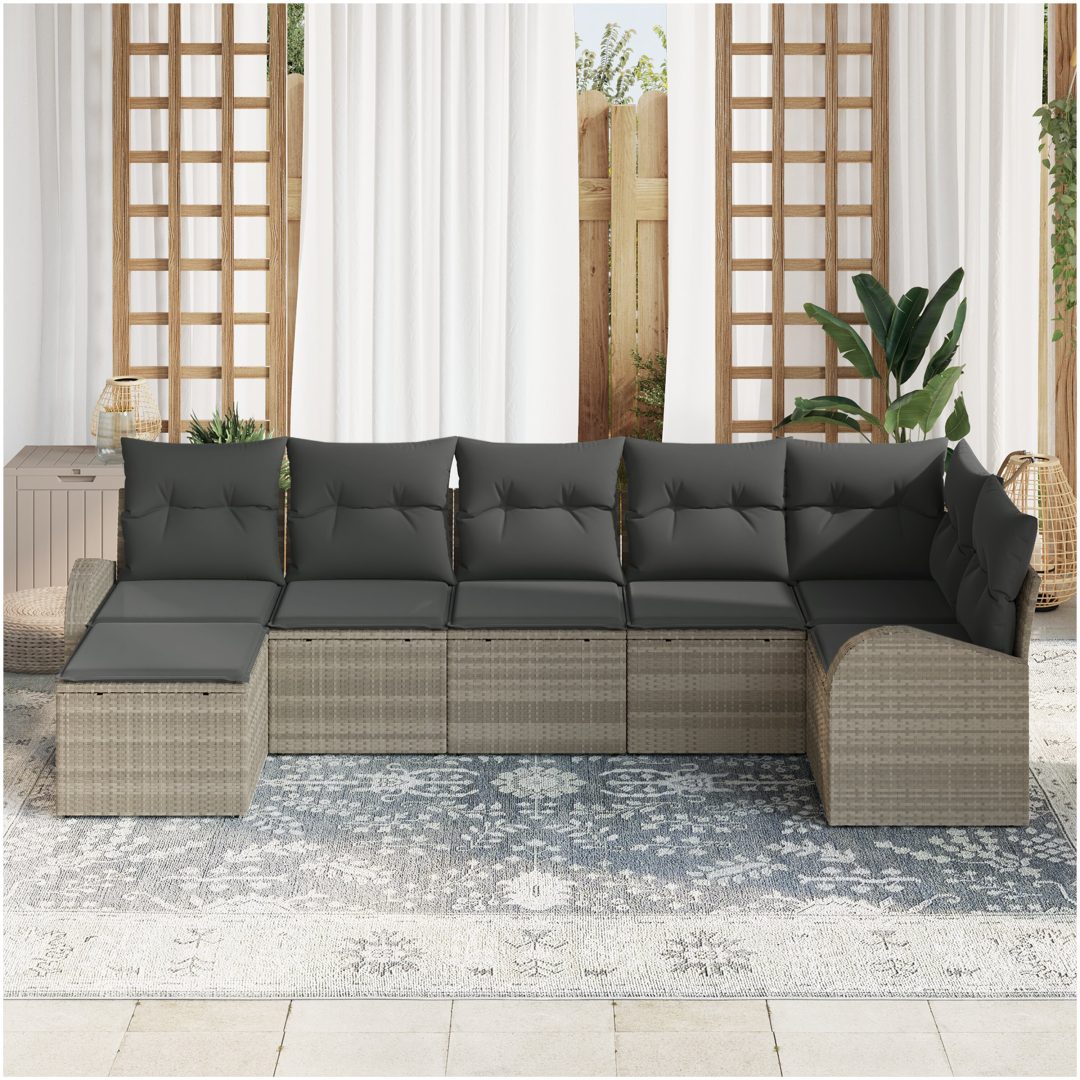 7 delar ute-soffa med kuddar i ljusgrå poly rattan vidaXL Medium – bild 3