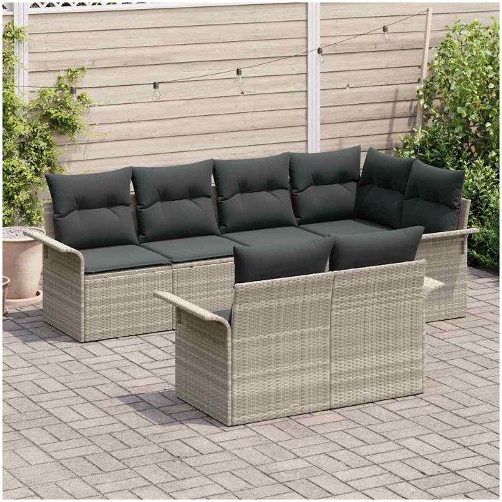 7-delars loungeset för trädgården med kuddar - Ljusgrå polyrotting vidaXL 242.5 x 132.5 x 85 cm – bild 3