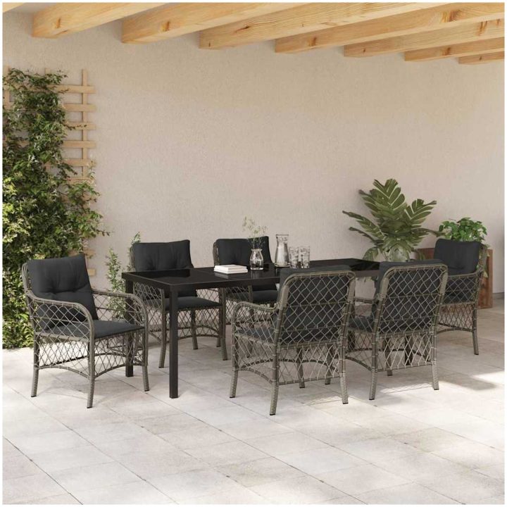 7 Delars Matgrupp för Trädgård med Kuddar i Grå Poly Rattan vidaXL 200 x 80 x 73 cm – bild 4