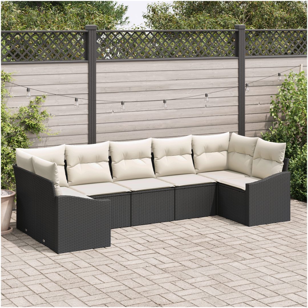 7-delars matgrupp med kuddar i svart polyrotting vidaXL 165 x 62 x 69 cm