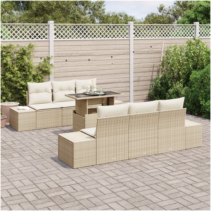 7-delars soffa set för trädgården med kuddar beige polyrotting vidaXL 100 x 55 x 73 cm – bild 3
