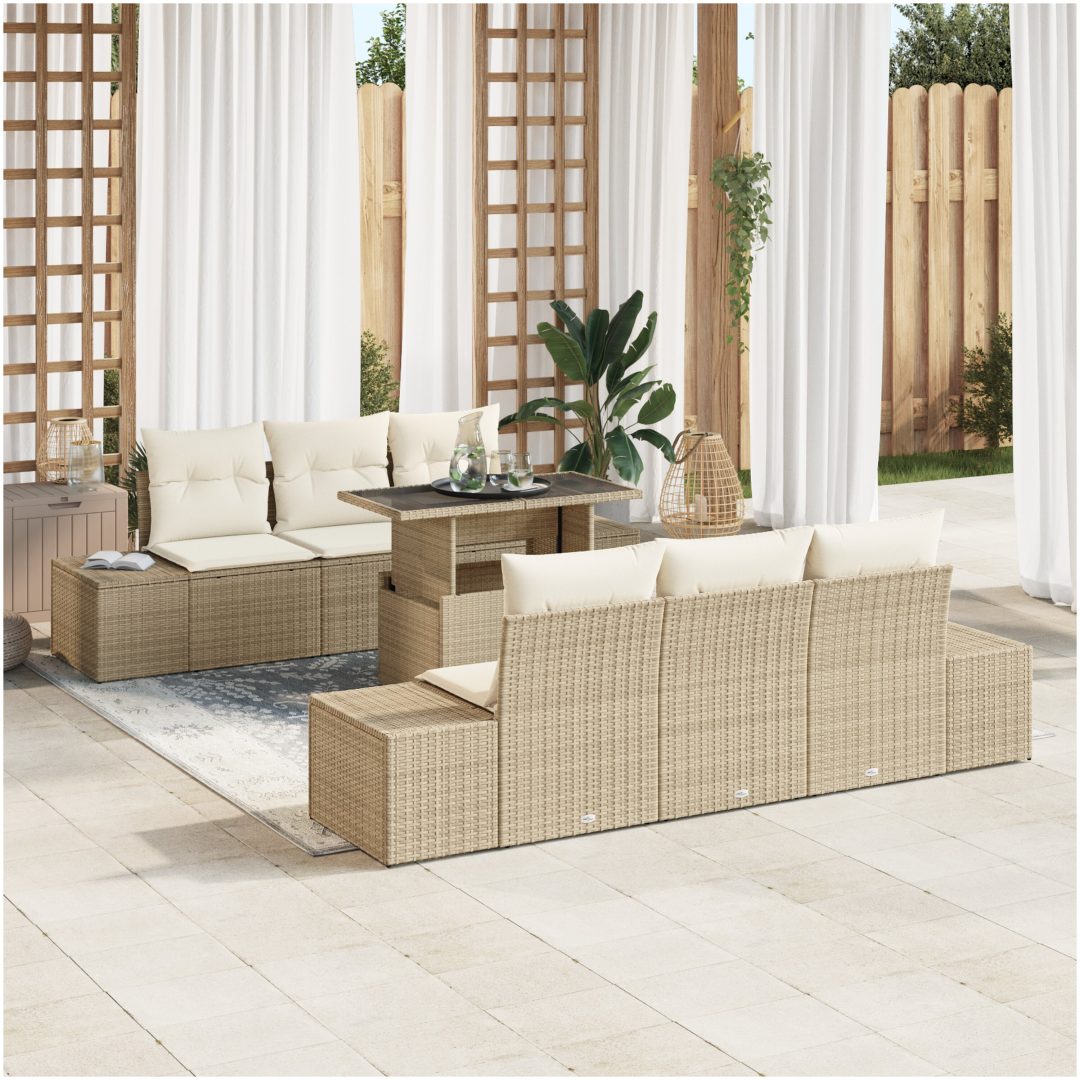 7-delars soffa set för trädgården med kuddar beige polyrotting vidaXL 100 x 55 x 73 cm