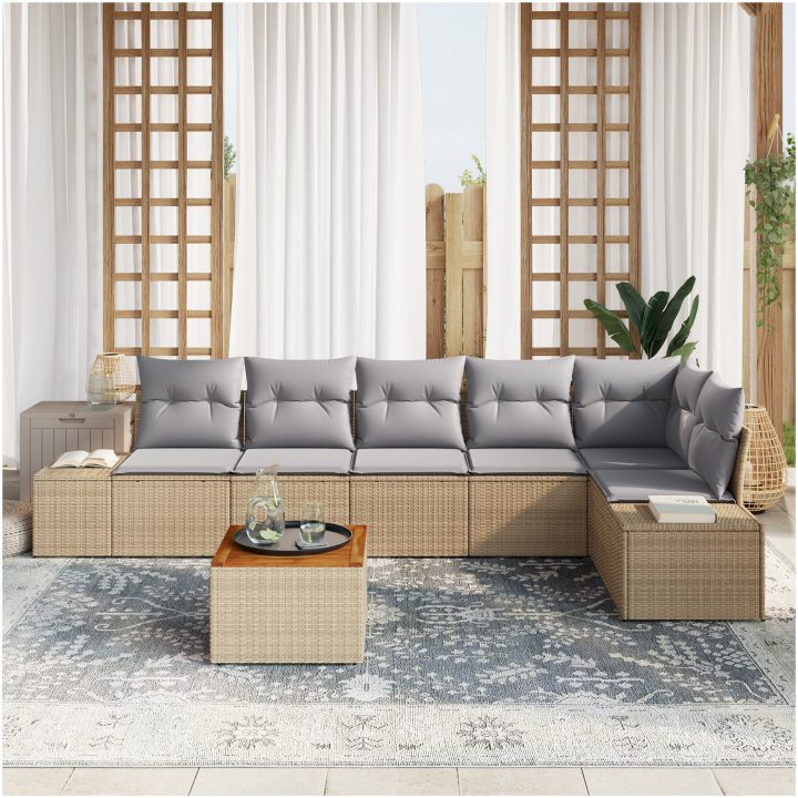 7-delars soffa set med kuddar i beige, polyrotting och akacia vidaXL 55 x 55 x 37 cm – bild 3