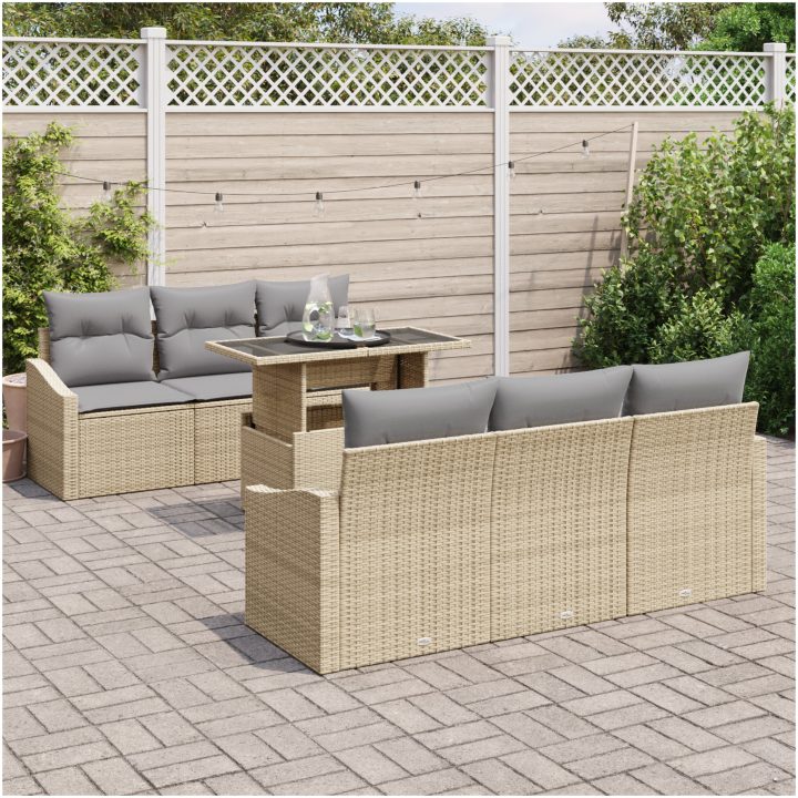 7-delars soffgrupp för trädgården med kuddar beige polyrotting vidaXL 100 x 55 x 73 cm – bild 3