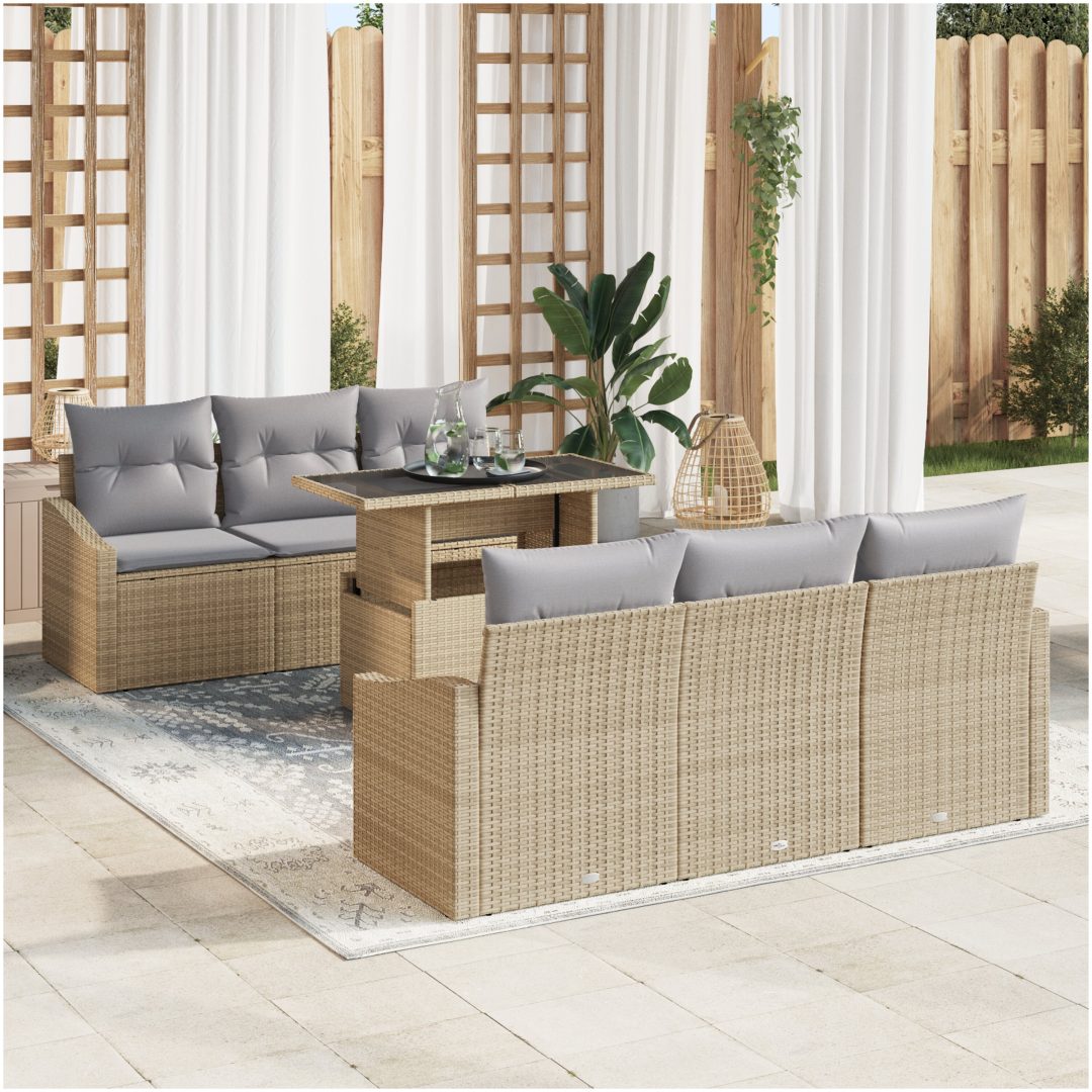 7-delars soffgrupp för trädgården med kuddar beige polyrotting vidaXL 100 x 55 x 73 cm