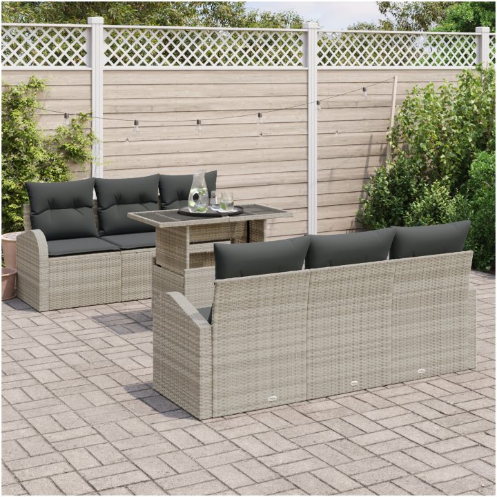 7-delars soffgrupp för trädgården med kuddar - Ljusgrå Poly Rattan vidaXL 100 x 55 x 73 cm – bild 3