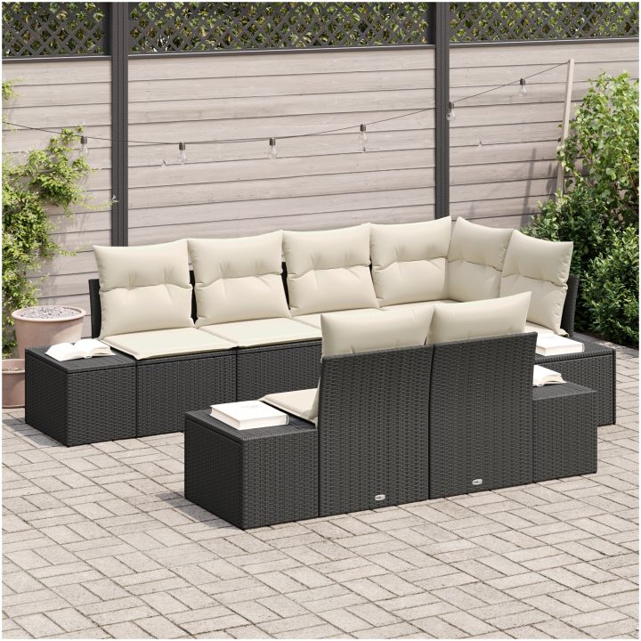 7-delars soffgrupp för trädgården med kuddar, svart polyrotting vidaXL 264 x 154 x 85 cm – bild 3