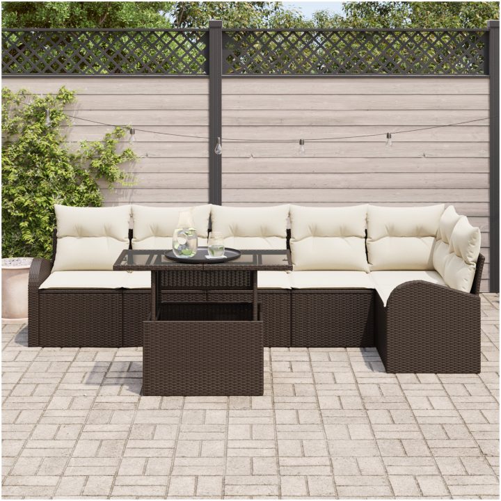 7-delars soffgrupp med dynor i brun polyrotting vidaXL 100 x 55 x 73 cm – bild 3
