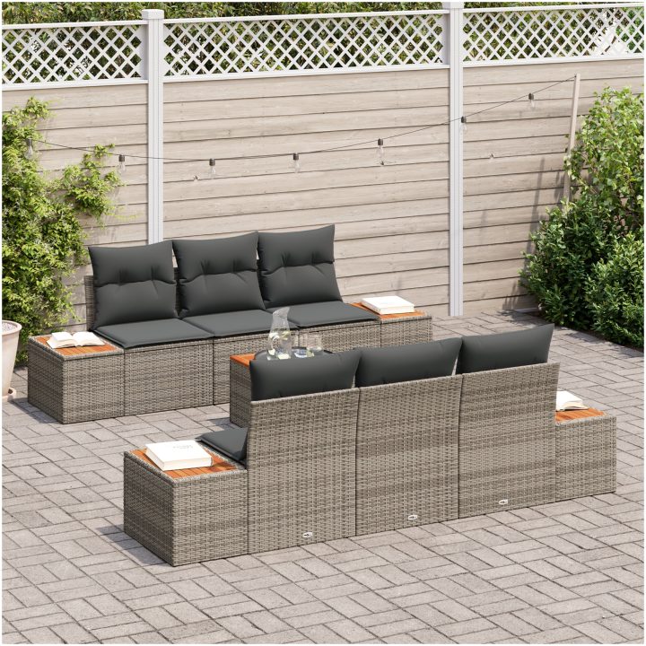 7 Delars Soffgrupp med Kuddar Grå Poly Rattan Akacia vidaXL 55 x 55 x 37 cm – bild 3
