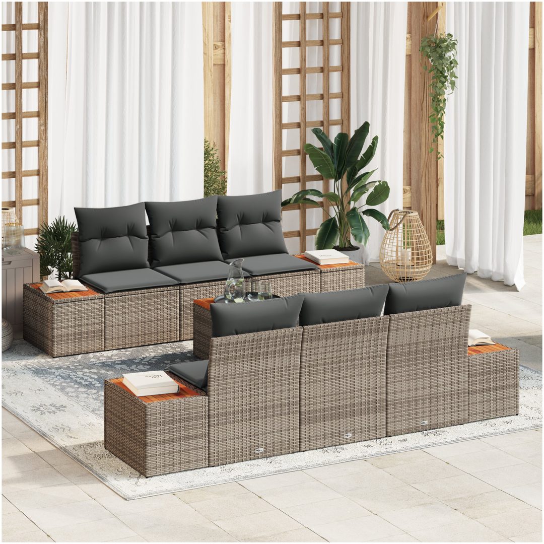 7 Delars Soffgrupp med Kuddar Grå Poly Rattan Akacia vidaXL 55 x 55 x 37 cm