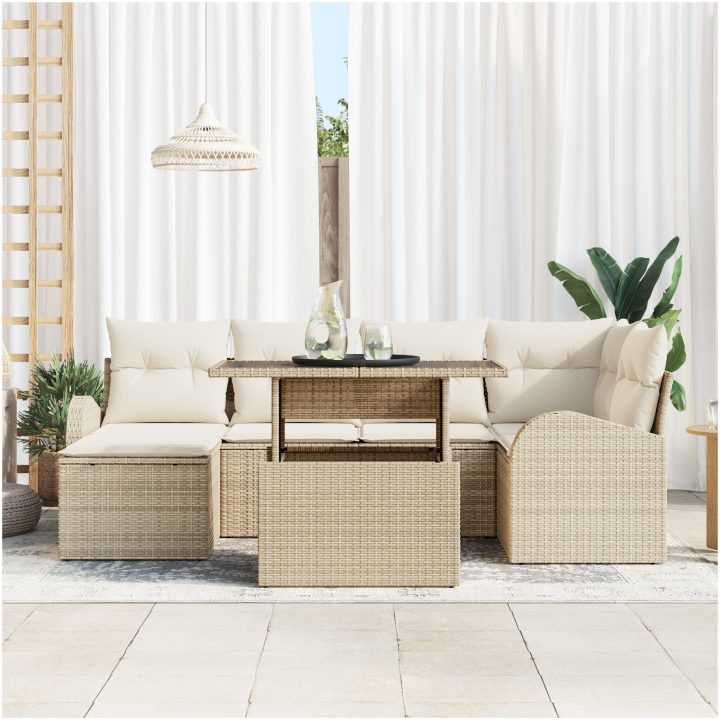 7-delars soffgrupp med kuddar i beige poly rattan vidaXL 100 x 55 x 73 cm – bild 3