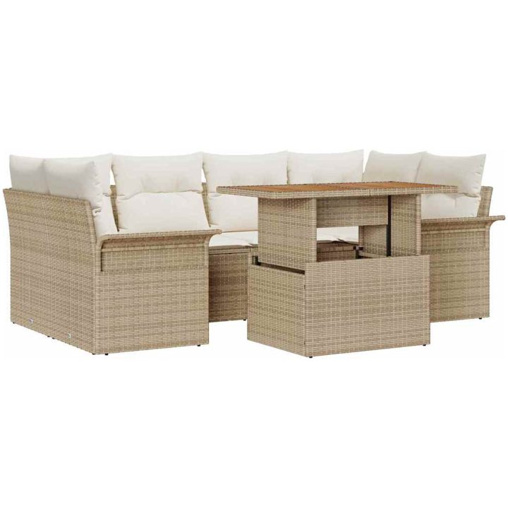 7 Delars Soffset med Kuddar - Beige Poly Rattan och Akacia vidaXL 100 x 55 x 73 cm – bild 2