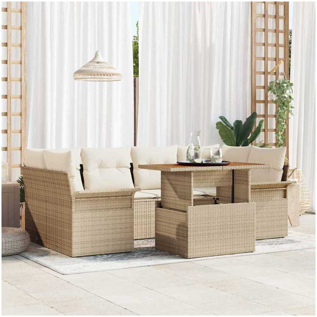 7 Delars Soffset med Kuddar - Beige Poly Rattan och Akacia vidaXL 100 x 55 x 73 cm