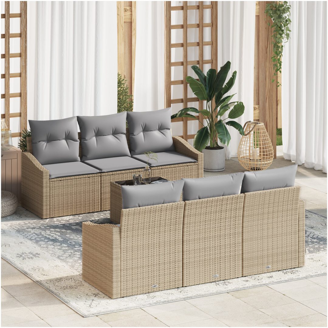 7-delars Trädgård Sofa Set med Kuddar Beige Poly Rattan vidaXL 55 x 55 x 37 cm