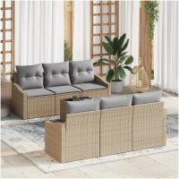 7-delars Trädgård Sofa Set med Kuddar Beige Poly Rattan vidaXL