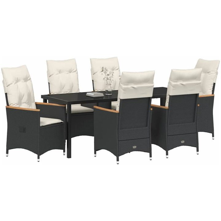 7 Delars Trädgårds Matgrupp med Kuddar - Svart Poly Rattan vidaXL 200 x 80 x 73 cm – bild 3