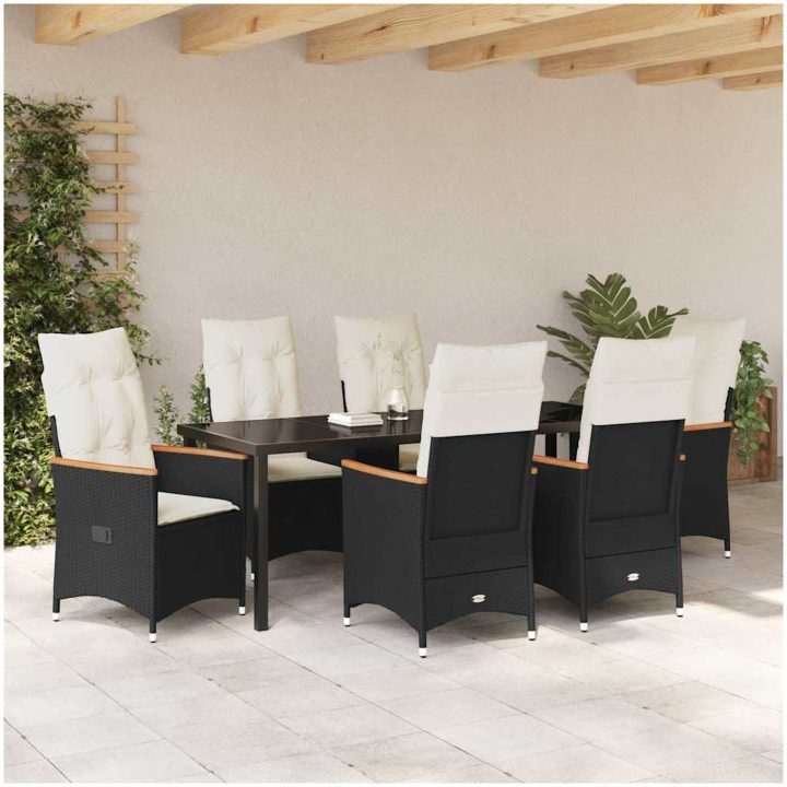 7 Delars Trädgårds Matgrupp med Kuddar - Svart Poly Rattan vidaXL 200 x 80 x 73 cm – bild 4