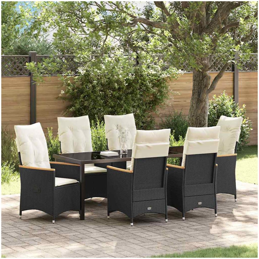 7 Delars Trädgårds Matgrupp med Kuddar - Svart Poly Rattan vidaXL 200 x 80 x 73 cm