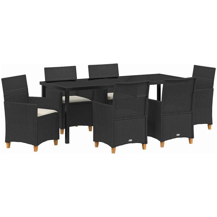 7-delars trädgårds-matplatsset med kuddar - svarta, i poly rattan vidaXL 200 x 80 x 73 cm – bild 2