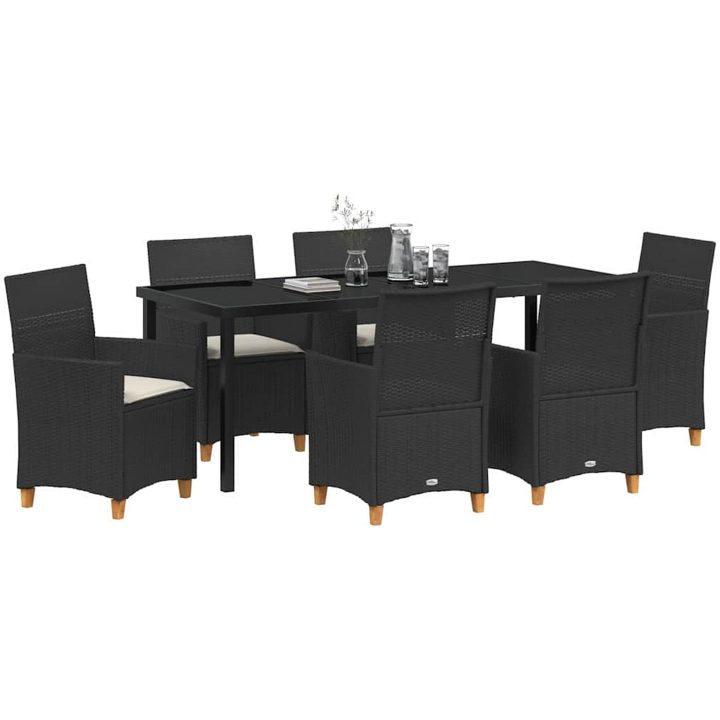 7-delars trädgårds-matplatsset med kuddar - svarta, i poly rattan vidaXL 200 x 80 x 73 cm – bild 3