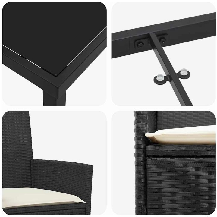 7-delars trädgårds-matplatsset med kuddar - svarta, i poly rattan vidaXL 200 x 80 x 73 cm – bild 8