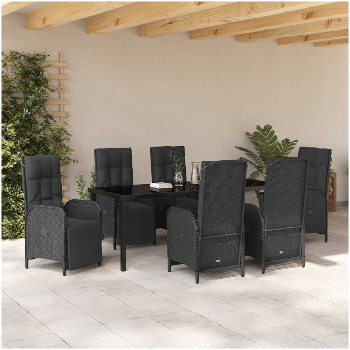 7 Delars Trädgårds Matset med Kuddar, Svart Poly Rattan vidaXL 200 x 80 x 73 cm – bild 4