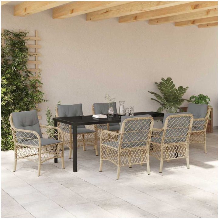 7 Delars Trädgårds Middagsset Med Kuddar i Beige Poly Rattan vidaXL 200 x 80 x 73 cm – bild 4