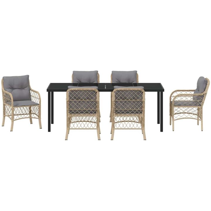 7 Delars Trädgårds Middagsset Med Kuddar i Beige Poly Rattan vidaXL 200 x 80 x 73 cm – bild 7