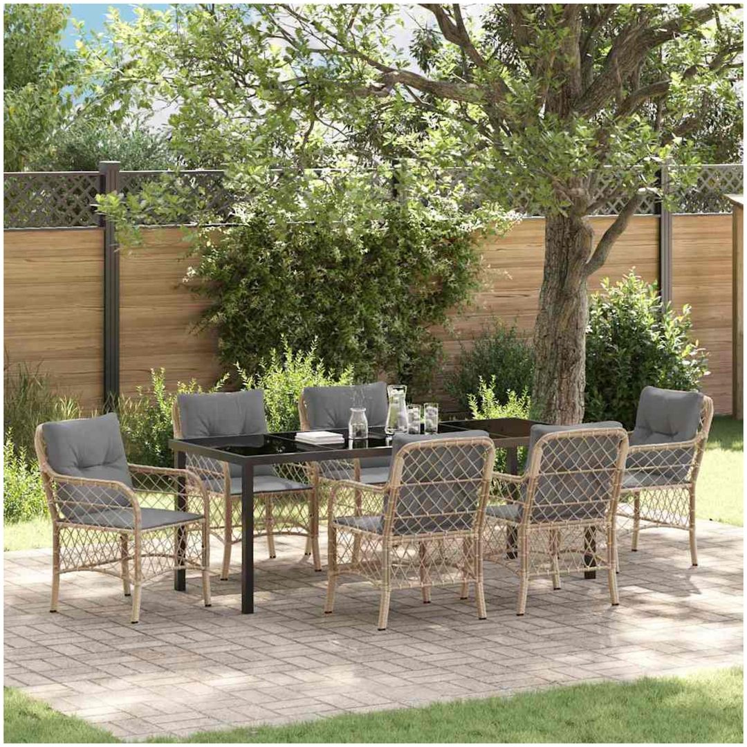 7 Delars Trädgårds Middagsset Med Kuddar i Beige Poly Rattan vidaXL 200 x 80 x 73 cm