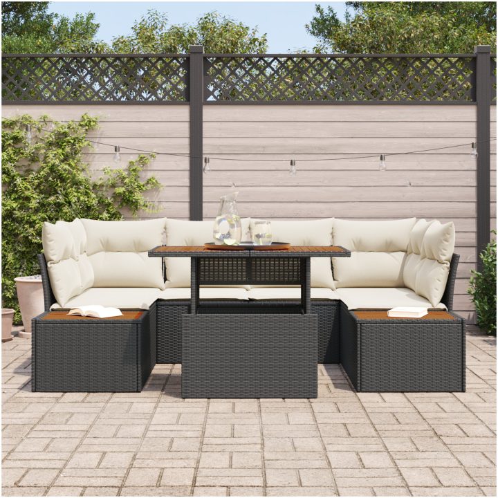 7-delars trädgårds-set med kuddar i svart poly-rattan vidaXL 100 x 55 x 73 cm – bild 3