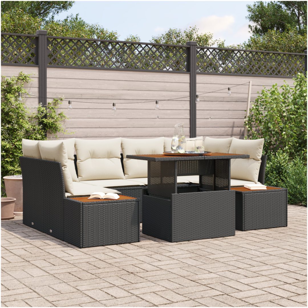 7-delars trädgårds-set med kuddar i svart poly-rattan vidaXL 100 x 55 x 73 cm