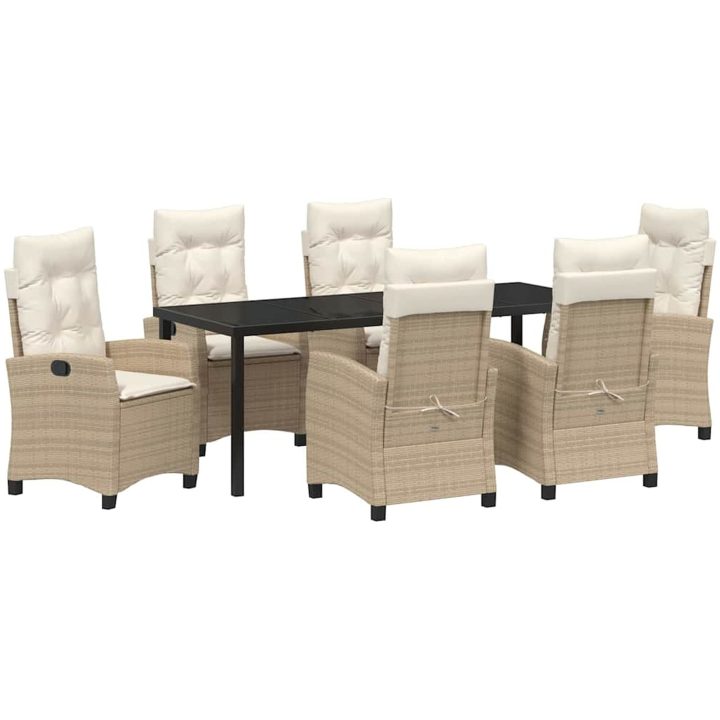7 Delars Trädgårdsbord Set med Kuddar - Beige Poly Rattan vidaXL 200 x 80 x 73 cm – bild 2